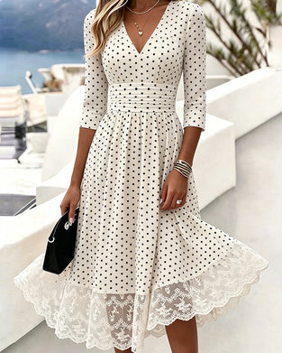Kleid V-Ausschnitt Polka Dot Spitze Patchwork
