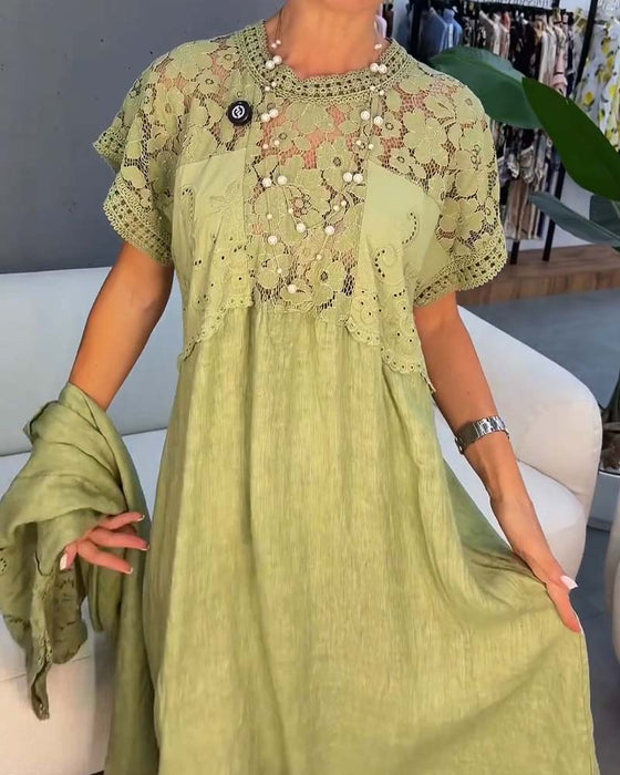 Kleid Elegant Spitzenbesatz Patchwork Maxi