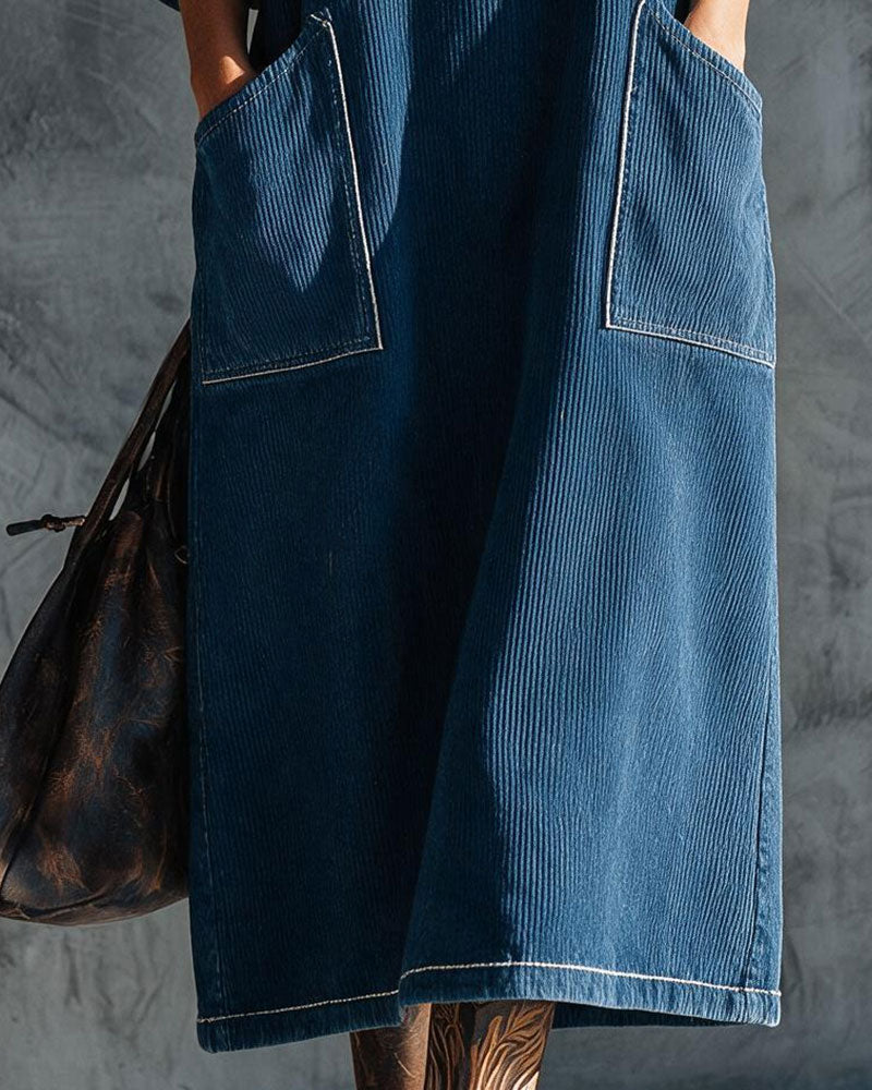 Kleid Cord Knopf Vorne Ellenbogenlang Puffärmel Locker