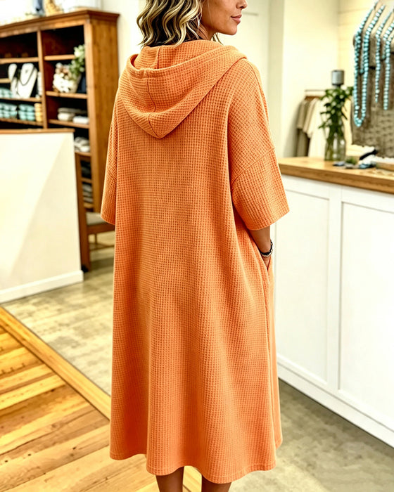 Kleid Reißverschluss Waffel Kapuze Dreiviertel-Ärmel