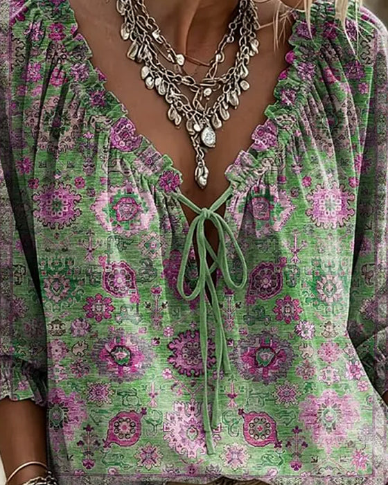 Bluse V-Ausschnitt Bindung Vintage Print