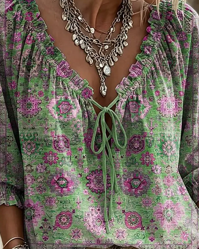 Bluse V-Ausschnitt Bindung Vintage Print