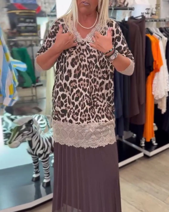 Bluse V-Ausschnitt Leopardenmuster Spitzen-Einsätze