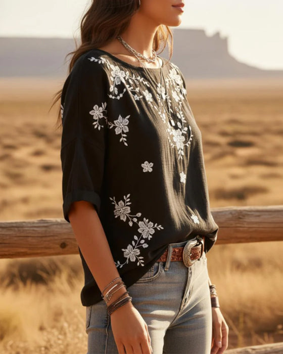 Bluse Rundhals Drop Schulter Locker Blumig
