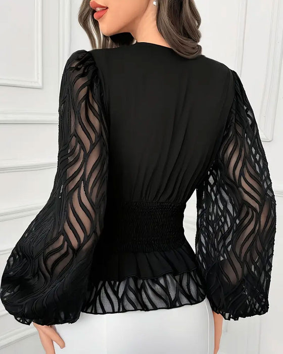 Französische V-Ausschnitt-Bluse Mit Patchwork