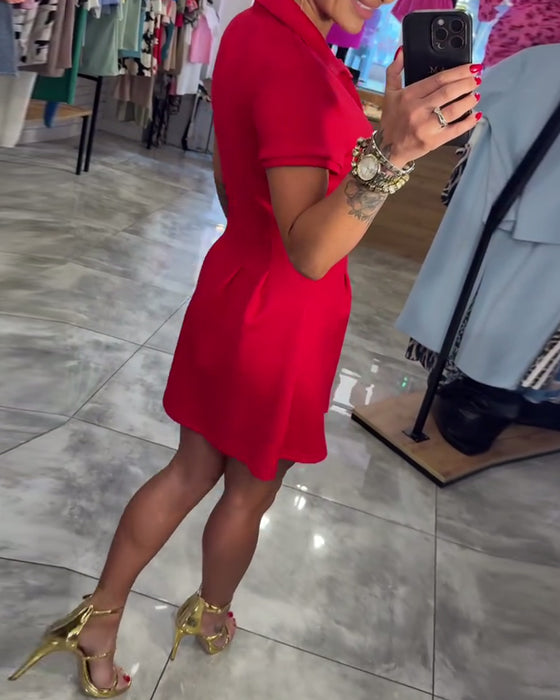 Kleid Revers Kurzarm Plissiert A-Linie