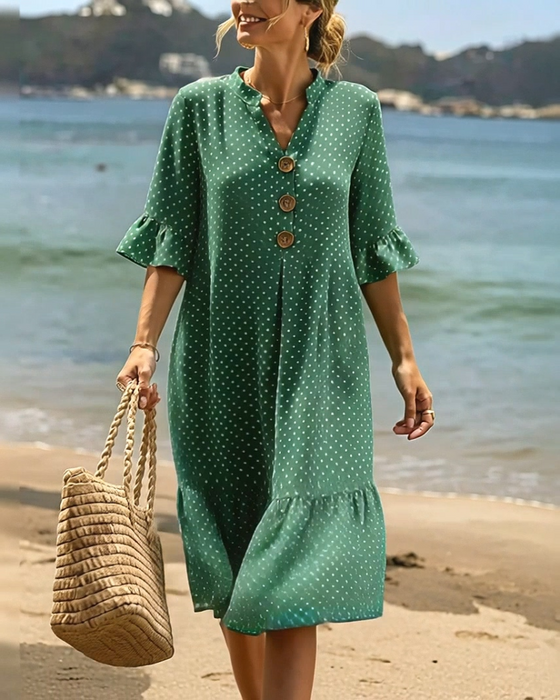 Kleid Polka Dot V-Ausschnitt Rüsche Ärmel