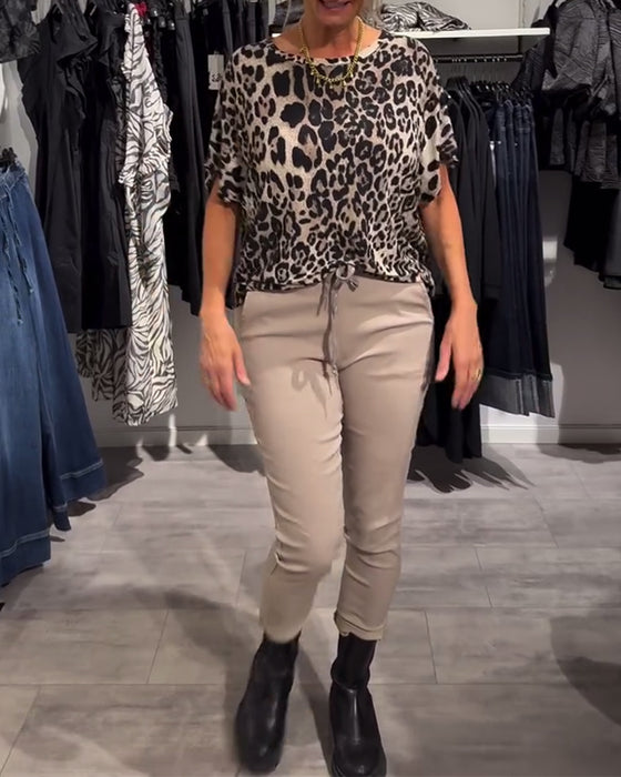 Bluse Rundhals Leopardenmuster Kurzärmlig