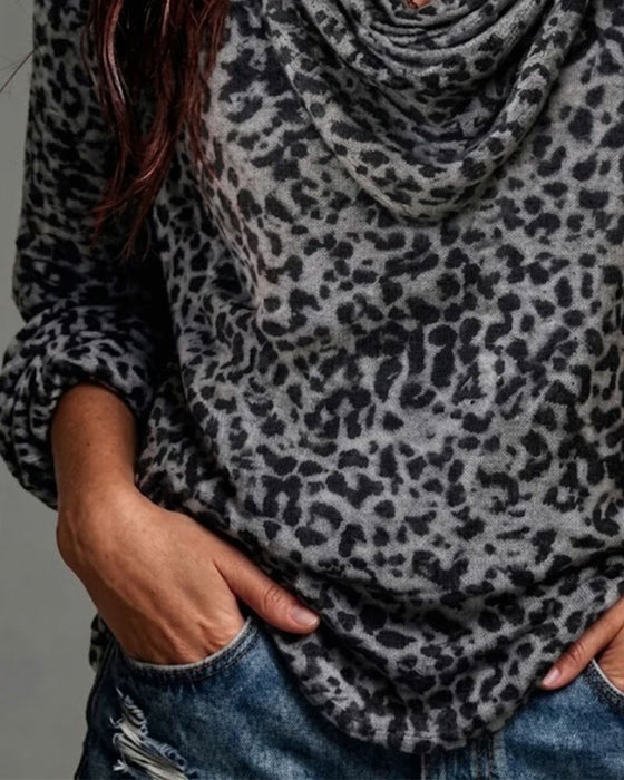 Bluse Mock-Kragen Leopard Langarm
