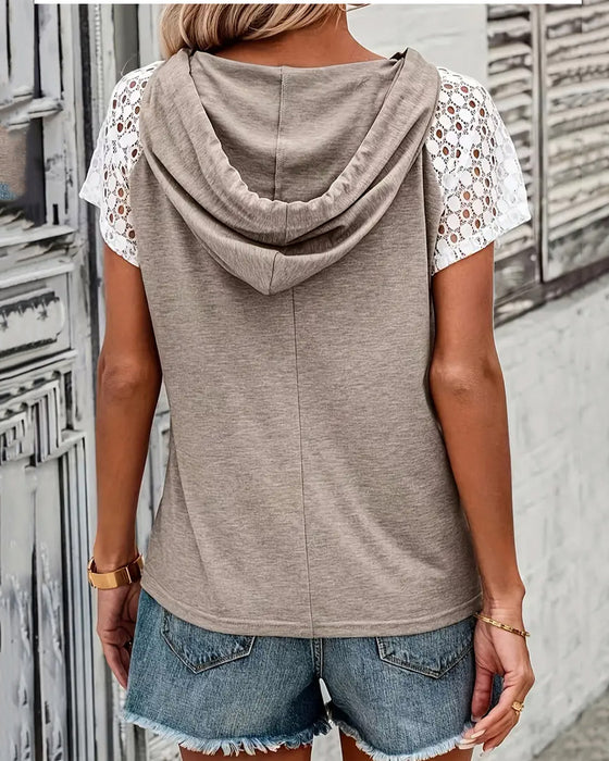 Bluse mit Kapuze Hohlsaum Spitze lässig