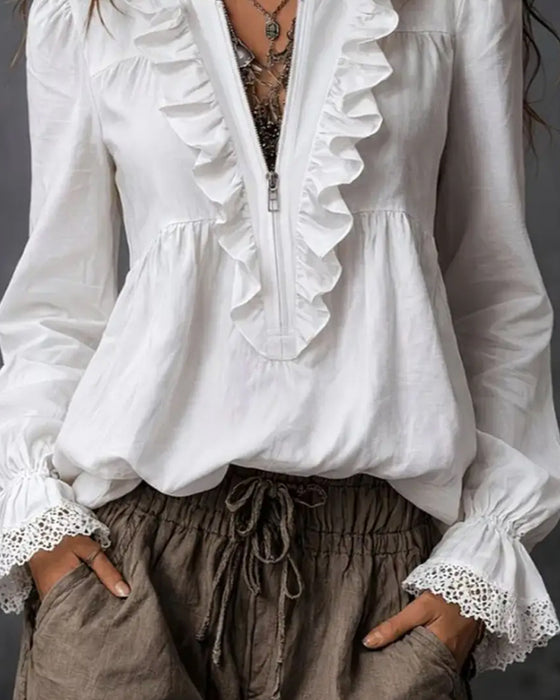 Bluse Mit Reißverschluss Und Rüschenärmeln