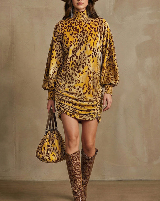 Kleid Hoher Hals Leopard Laternenärmel Elegant