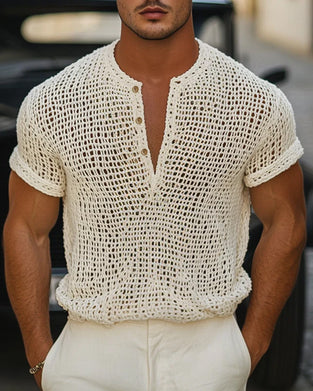 Herren T-Shirt Knopf Kleiner V-Ausschnitt Kurzarm