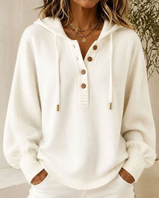 Pullover Kapuze Knopf Laternenärmel Kordelzug