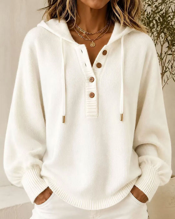 Pullover Kapuze Knopf Laternenärmel Kordelzug