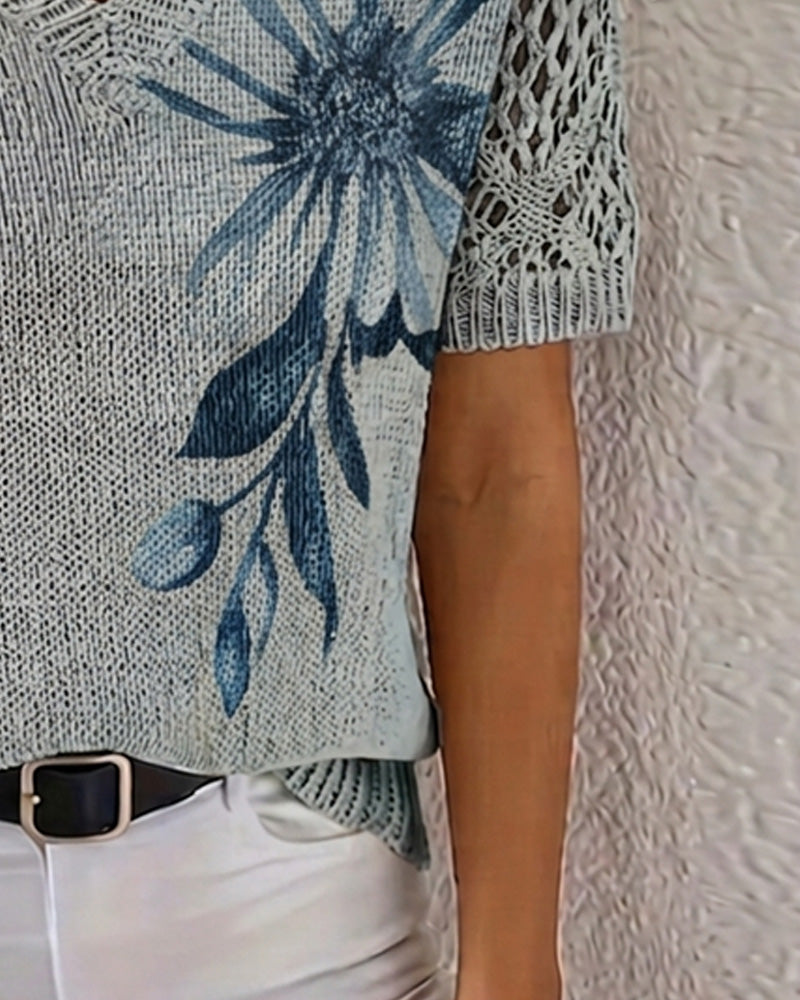 Pullover V-Ausschnitt Gestrickt Geblümt