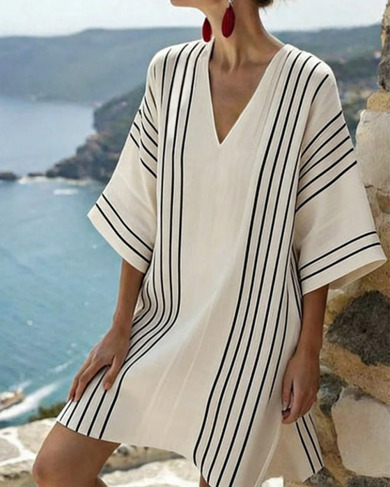 Kleid Off White Schwarz Streifen V Ausschnitt