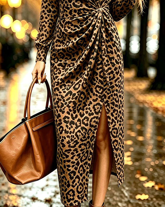 Kleid Rundhals Leopard Schlitz
