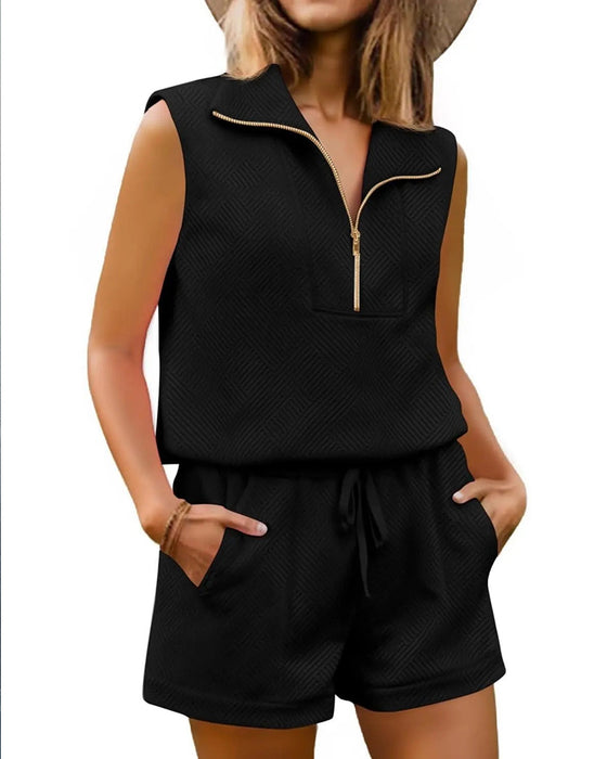 Set Halb-Reißverschluss Top Und Shorts Zweiteilig