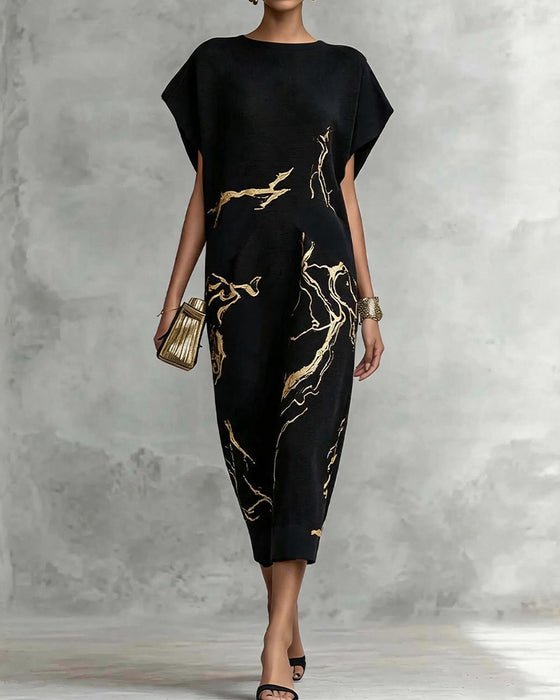 Kleid Fledermaus Kurzarm Rundhals Druck Lang