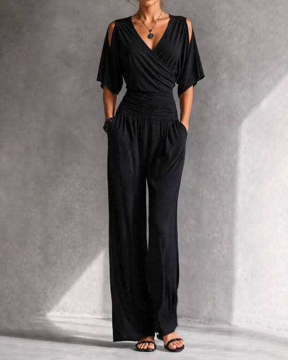 Jumpsuit V-Ausschnitt Crossover Kalte Schulter Taille Tasche