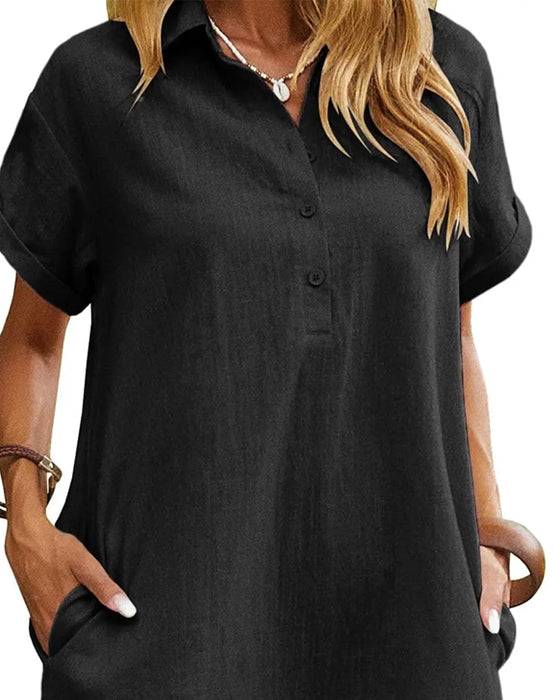 Kleid Revers Knopf Schlitz Kurzarm Lässig