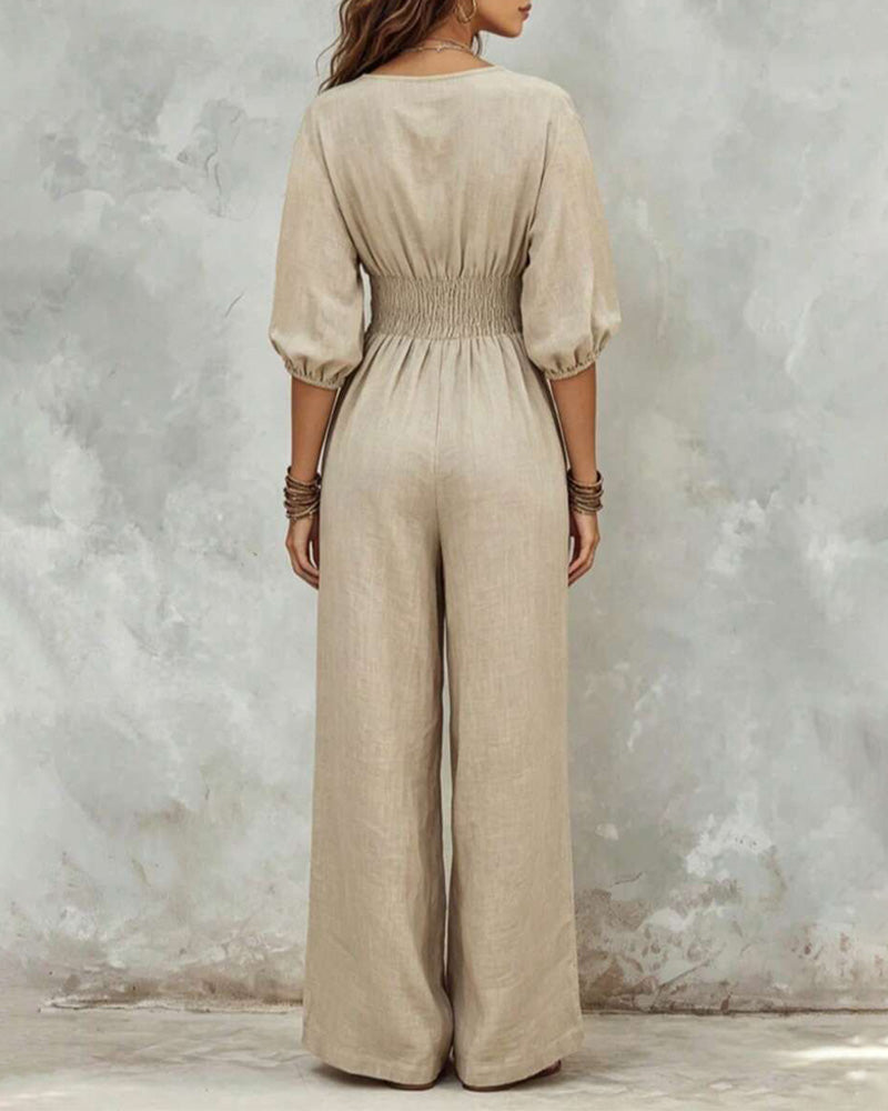 Overall V-Ausschnitt Knopf Elastische Taille Puffärmel