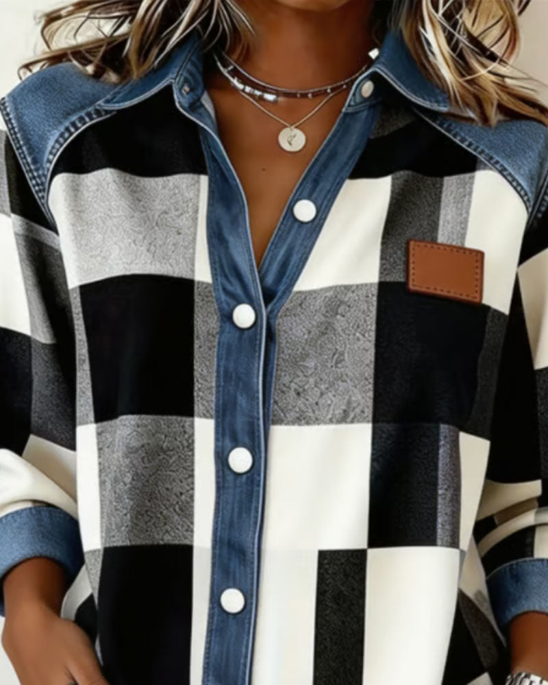 Hemd Karo Farbblock Denim Patchwork