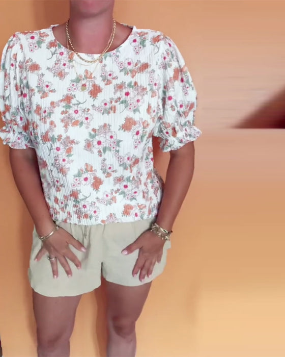 Bluse Rundhals Blumen Kurzarm