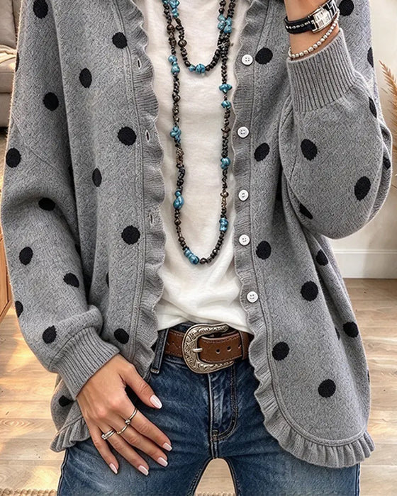 Strickjacke Revers Rüschen Gepunktet