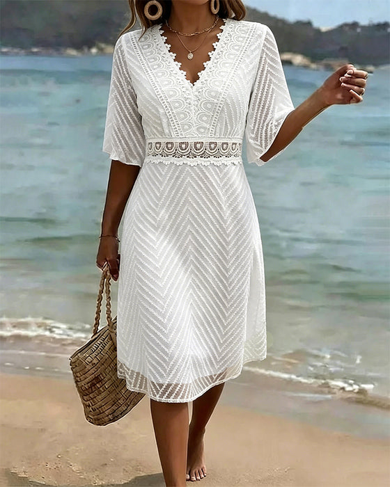 Kleid V-Ausschnitt Spitze Patchwork Ausschnitt