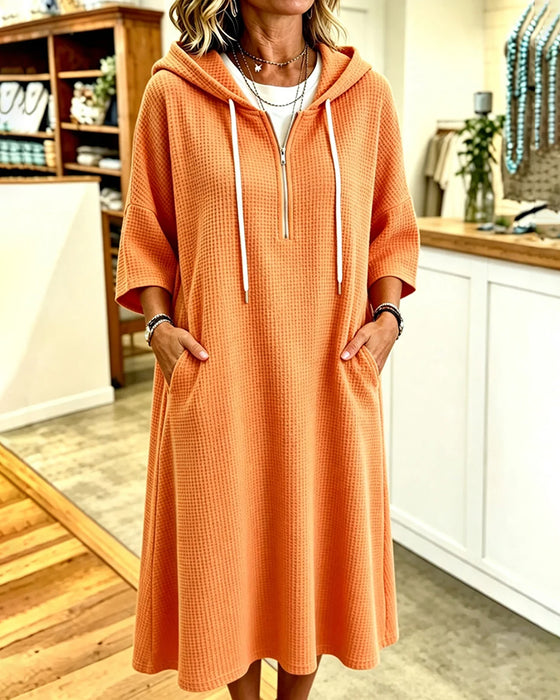 Kleid Reißverschluss Waffel Kapuze Dreiviertel-Ärmel
