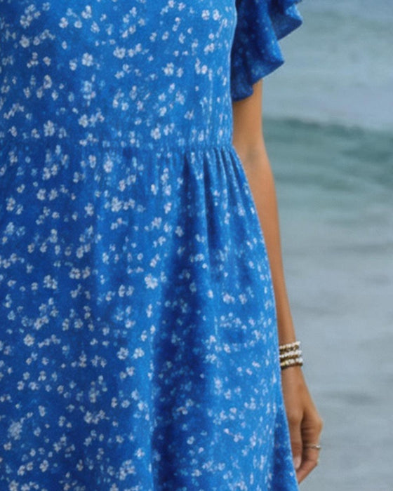 Kleid U-Ausschnitt Taille Print Flatterärmel