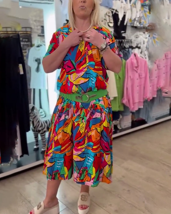 Kleid Reverskragen Bemaltes Muster Kurzarm