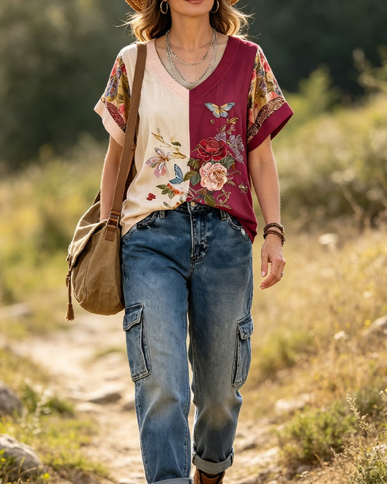 Bluse V-Ausschnitt Asymmetrisch Patchwork Blumen