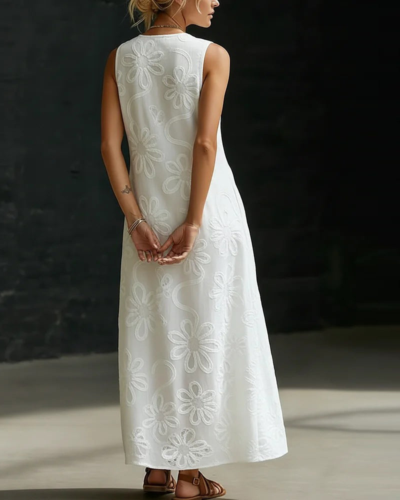 Langes Kleid V-Ausschnitt Blumenmuster Diagonaler Knopf