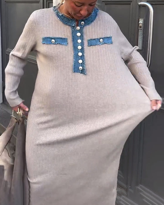 Kleid Denim Patchwork Rundhals Gestrickt