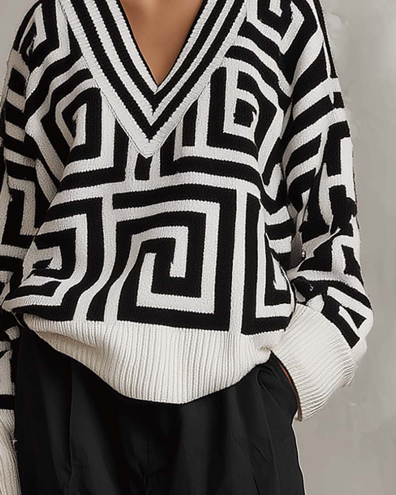 Pullover Geometrisches Muster V-Ausschnitt Gestrickte