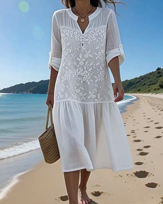 Kleid V-Ausschnitt Bestickt Urlaub Stil