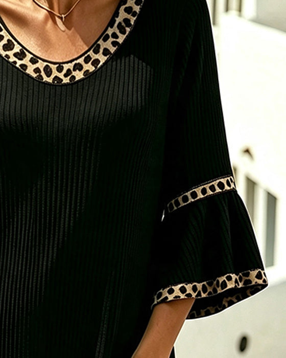 Kleid Schlagärmel Gerippt Leopard