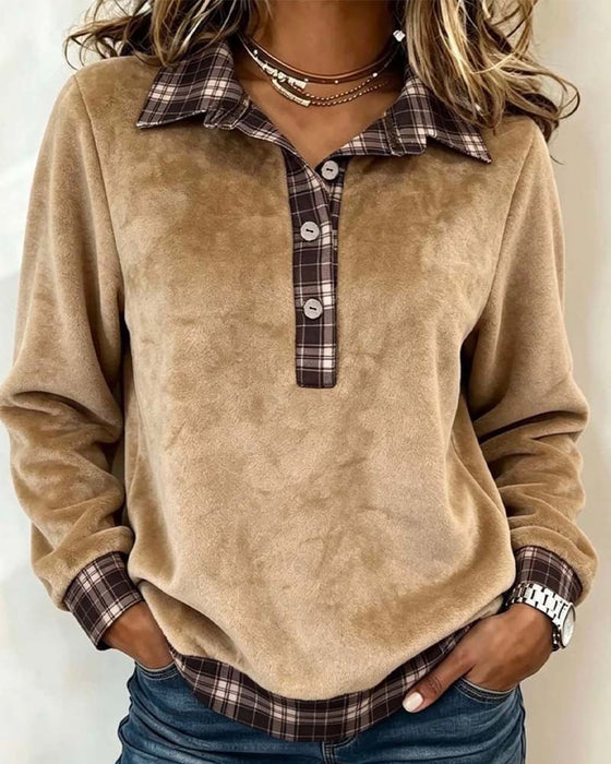 Sweatshirt Revers Knopf Kariert Patchwork