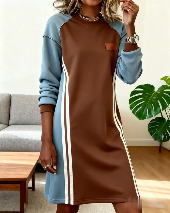 Kleid Langarm Farbblock Rundhals Gerade