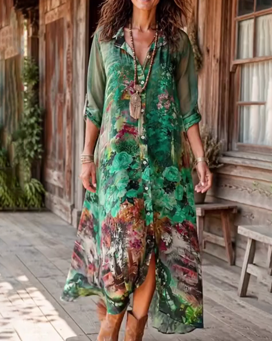Kleid Hemdkragen Schlitz Blumen