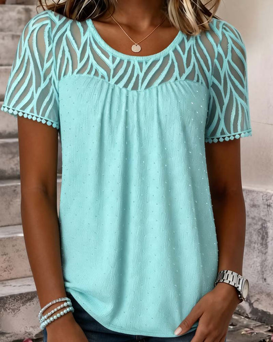 Bluse Mesh Patchwork Uni Farbe