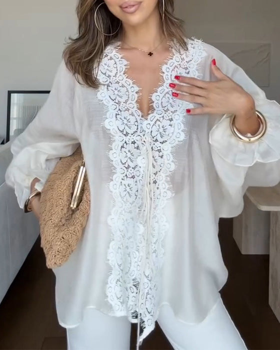 Bluse V-Ausschnitt Spitze Panel Rüsche