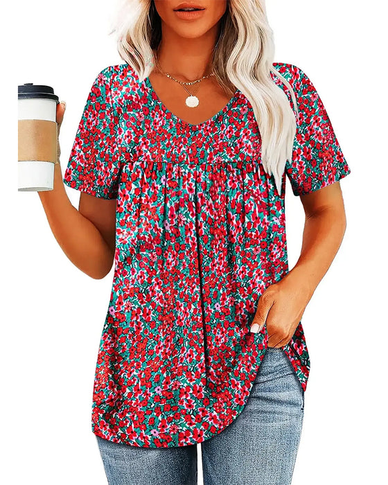 Bluse Blumenmuster V-Ausschnitt Kurzarm