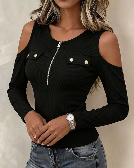 Oberteil Ausschnitt Schulter Off-Shoulder Halber Reißverschluss Langarm