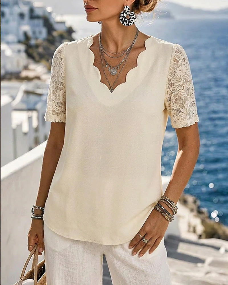 Bluse V-Ausschnitt Spitze Patchwork Uni