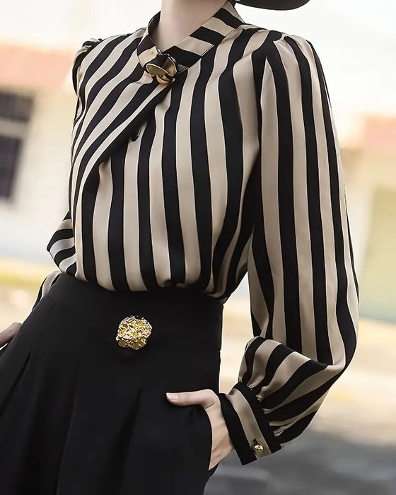 Bluse Drapierung Stehkragen gestreift
