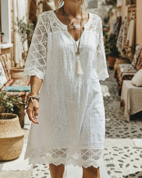 Kleid V-Ausschnitt Spitze Patchwork Lässig